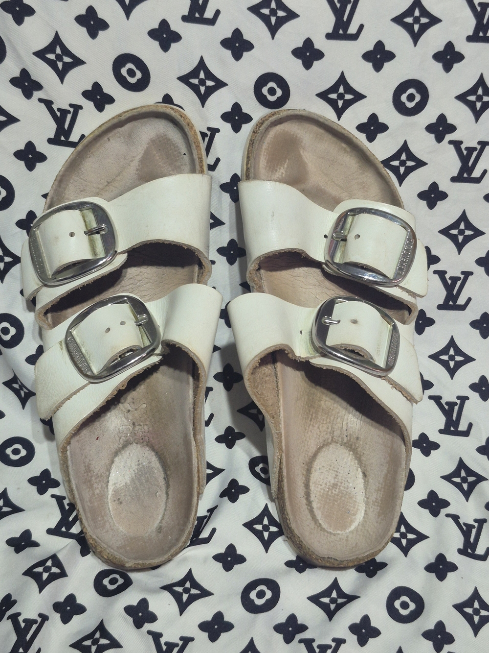 Birkenstock White Two-Strap Slide Sandals with Silver Buckles